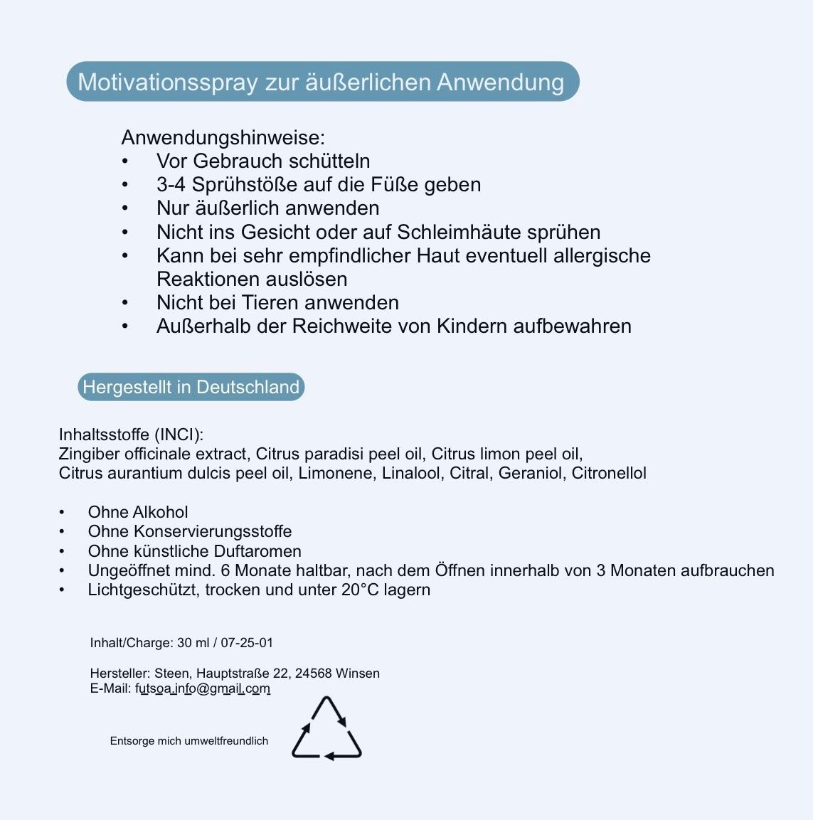 Produktetikett von futsòa Motivationsspray mit Inhaltsstoffen, Warnhinweisen und Herstellerangaben